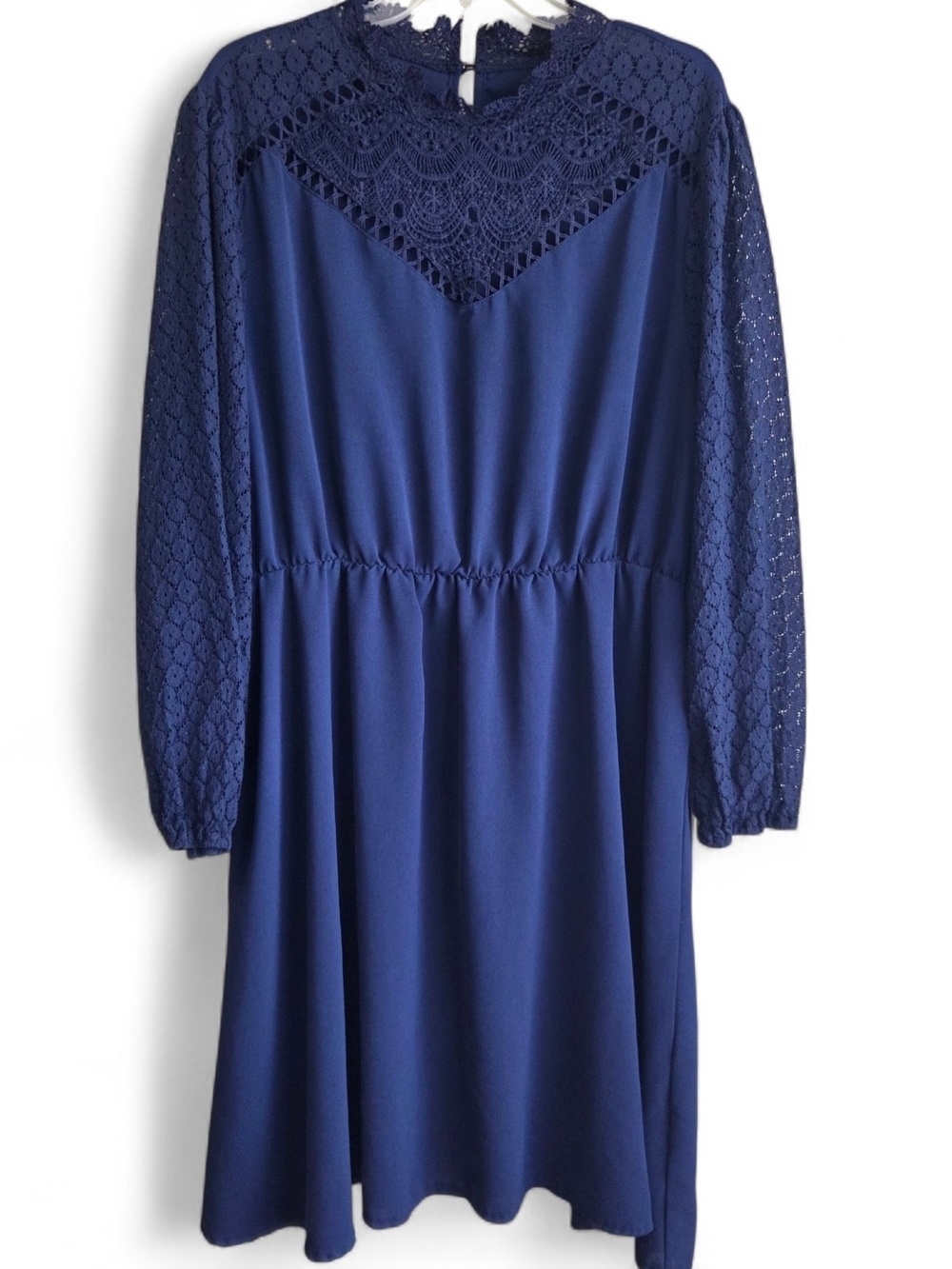 Elegant Lace-Sleeve Midi Dress Navy Blue